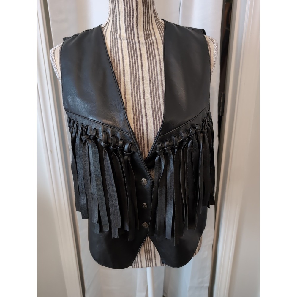 Vintage Women's Black Fringe Faux Leather Vest Biker Moto Western Size Small‎